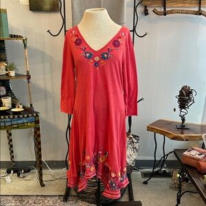 Johnny Was Coral Floral Embroidered Dress